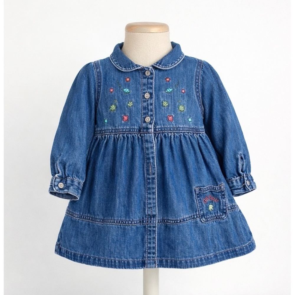 OshKosh B'Gosh Denim Embroidered Dress 18M Long Sleeve Button Front Toddler